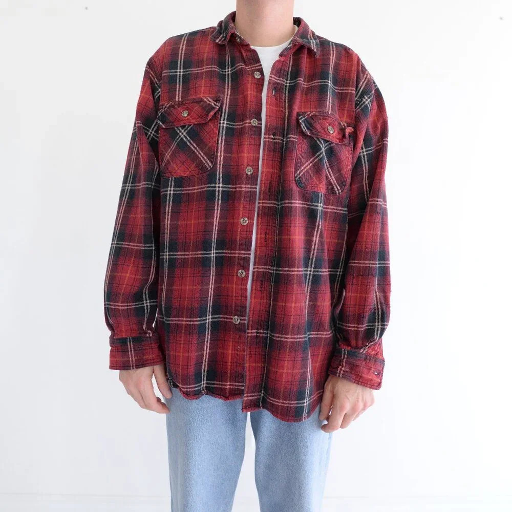 Vintage 90S Field And Stream Red And Black Checker Button Up  Thick Cotton Shirt